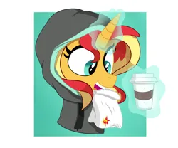 Size: 1200x1000 | Tagged: safe, artist:vale-bandicoot96, derpibooru import, sunset shimmer, pony, unicorn, g4, bag, clothes, coffee, cup, drink, female, hoodie, horn, image, levitation, magic, mare, paper bag, png, simple background, solo, telekinesis