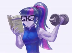 Size: 2732x2048 | Tagged: safe, artist:kjara-draws, artist:raikoh, derpibooru import, sci-twi, twilight sparkle, human, equestria girls, g4, book, clothes, female, fit, glasses, image, jpeg, muscles, muscular female, ponytail, reading, shirt, sleeveless, sleeveless shirt, slender, solo, that girl sure does love books, that pony sure does love books, thin, twilight muscle, weight lifting, weights