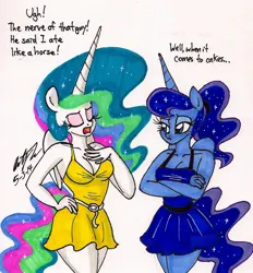 Size: 1266x1363 | Tagged: safe, artist:newyorkx3, derpibooru import, princess celestia, princess luna, anthro, g4, breasts, cake, cakelestia, cleavage, clothes, dialogue, dress, eats like a horse, female, food, image, jpeg, ponytail, traditional art