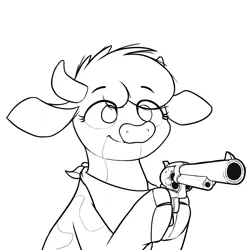 Size: 1263x1263 | Tagged: safe, artist:ljdamz1119, derpibooru import, cow, them's fightin' herds, arizona (tfh), bandana, clothes, cloven hooves, community related, delet this, female, gun, handgun, hoof hold, image, monochrome, png, revolver, scarf, simple background, solo, weapon, white background