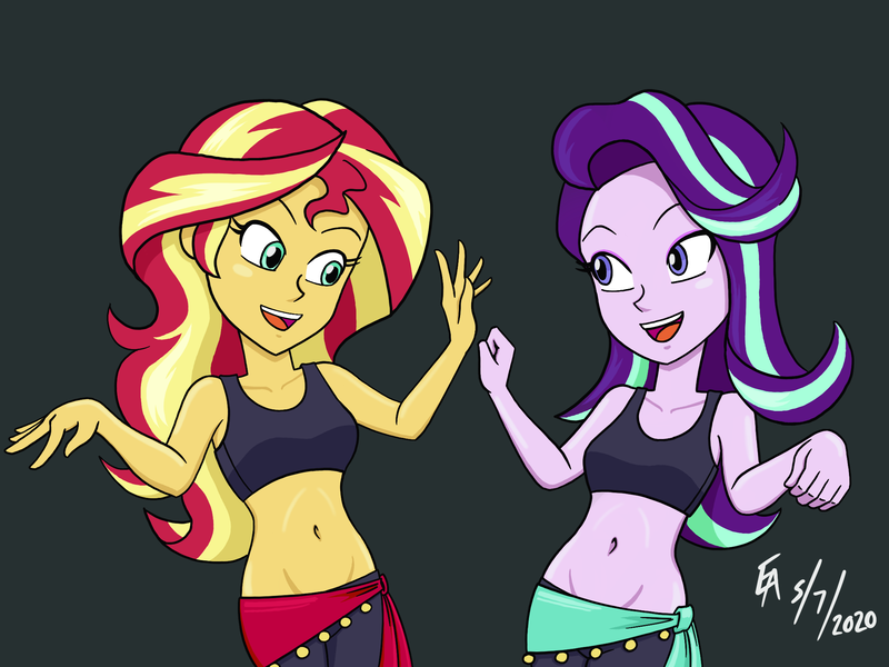 Size: 2224x1668 | Tagged: safe, artist:mayorlight, derpibooru import, starlight glimmer, sunset shimmer, fanfic, fanfic:shimmy glimmy, equestria girls, g4, armpits, belly, belly button, belly dancer, belly dancer outfit, clothes, cute, dancing, digital art, duo, eyelashes, eyeshadow, fanfic art, fanfic cover, female, glimmerbetes, image, leggings, long hair, makeup, midriff, open mouth, png, pose, procreate app, sarong, shimmerbetes, singing belly dancers, singing belly dancing rainbooms, sports bra