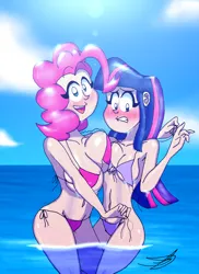 Size: 5100x7014 | Tagged: suggestive, artist:ringteam, derpibooru import, pinkie pie, twilight sparkle, human, g4, assisted exposure, asymmetrical docking, big breasts, bikini, blushing, breasts, busty pinkie pie, busty twilight sparkle, clothes, embarrassed, female, gritted teeth, humanized, image, jpeg, lesbian, ocean, shipping, small breasts, smiling, string bikini, swimsuit, teeth, twinkie, undressing, untied bikini, untying, water