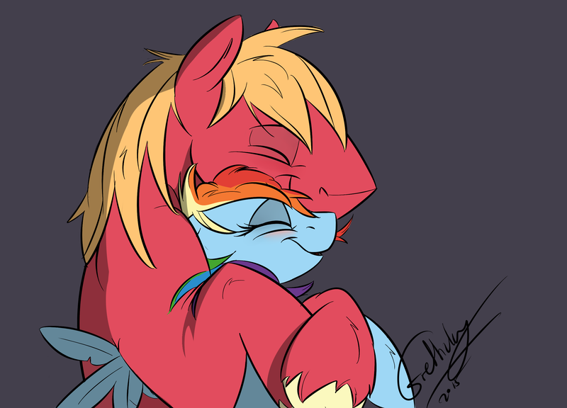 Size: 2500x1800 | Tagged: safe, artist:rutkotka, derpibooru import, big macintosh, rainbow dash, earth pony, pony, g4, blushing, cuddling, female, image, male, messy hair, png, ship:rainbowmac, shipping, sleeping, snuggling, stallion, straight