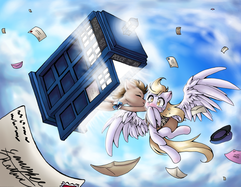 Size: 6552x5084 | Tagged: safe, artist:doodle song, artist:midnameowfries, derpibooru import, derpy hooves, doctor whooves, time turner, pegasus, pony, g4, blushing, crying, cute, digital art, doctor who, doctorderpy, female, flying, happy, image, kissing, letter, love letter, mailmare, male, mare, nuzzling, png, ship:doctorderpy, shipping, spread wings, straight, tardis, tears of joy, the doctor, wide eyes, wings