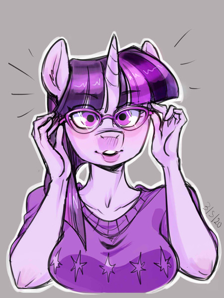 Size: 1200x1600 | Tagged: safe, artist:noupie, derpibooru import, twilight sparkle, anthro, g4, adorkable, adorkasexy, blushing, breasts, bust, busty twilight sparkle, clothes, cute, dork, ear fluff, eye clipping through hair, female, glasses, image, jpeg, looking at you, meganekko, nerd, sexy, simple background, solo, sweater, sweater puppies, twiabetes