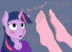 Size: 1600x1150 | Tagged: suggestive, artist:nudeknightart, derpibooru import, pinkie pie, twilight sparkle, anthro, g4, barefoot, blushing, breasts, cleavage, eyes on the prize, feet, female, fetish, foot fetish, foot focus, image, lidded eyes, png, teasing, toes