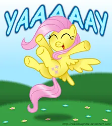 Size: 2700x3035 | Tagged: safe, artist:aleximusprime, derpibooru import, fluttershy, g4, butt, cheering, comic sans, cute, eyes closed, female, flying, happy, image, jumping, open mouth, plot, png, shyabetes, smiling, solo, spread wings, underhoof, wings, yay