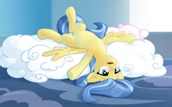 Size: 1920x1200 | Tagged: safe, artist:countcarbon, derpibooru import, sunshower, pegasus, pony, g4, bed, blue eyes, bored, cloud, female, image, indoors, jpeg, looking offscreen, lying down, lying on a cloud, mare, on a cloud, on back, open mouth, pillow, relaxed wings, solo, spread hooves, spread wings, upside down, wings