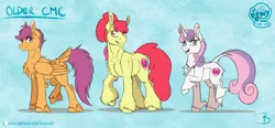 Size: 2232x1032 | Tagged: safe, artist:inuhoshi-to-darkpen, derpibooru import, apple bloom, scootaloo, sweetie belle, classical unicorn, earth pony, pegasus, pony, unicorn, g4, chest fluff, cloven hooves, cutie mark crusaders, feathered fetlocks, female, horn, image, leonine tail, mare, older, older apple bloom, older scootaloo, older sweetie belle, png, tail, tail feathers, trio, unshorn fetlocks