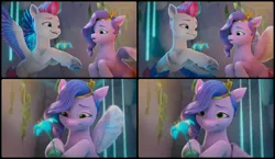 Size: 3264x1890 | Tagged: safe, derpibooru import, edit, edited screencap, screencap, pipp petals, zipp storm, pegasus, pony, g5, my little pony: make your mark, my little pony: make your mark chapter 2, spoiler:g5, cave, collage, duo, duo female, female, flower, image, implied incest, implied lesbian, implied petalstorm, implied shipping, looking at someone, mare, png, portrait of a princess, royal sisters (g5), siblings, sisters