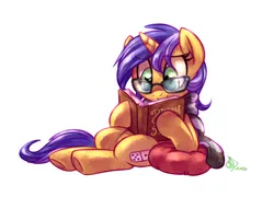 Size: 3200x2300 | Tagged: safe, artist:whitediamonds, derpibooru import, oc, oc:domino, unofficial characters only, pony, unicorn, book, glasses, horn, image, png, reading, sitting, solo, underhoof