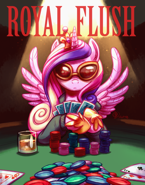 Size: 2700x3450 | Tagged: safe, artist:whitediamonds, derpibooru import, princess cadance, alicorn, pony, g4, crown, drink, female, glasses, high res, horn, image, jewelry, mare, png, poker, poker chips, regalia, solo, spread wings, sunglasses, wings