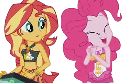 Size: 3678x2520 | Tagged: safe, derpibooru import, edit, edited screencap, editor:mrtoonlover83, screencap, pinkie pie, sunset shimmer, human, equestria girls, g4, background removed, duo, duo female, female, image, not a vector, png