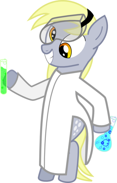 Size: 512x799 | Tagged: safe, artist:harrybentley, derpibooru import, derpy hooves, pegasus, pony, g4, beaker, bipedal, clothes, female, goggles, image, lab coat, mare, png, science, simple background, solo, transparent background