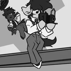 Size: 2000x2000 | Tagged: safe, artist:kranonetwork, derpibooru import, oc, earth pony, pegasus, 20s, black and white, camera, danger, fedora, grayscale, hat, image, journalist, jpeg, monochrome, osha violations, work