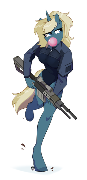 Size: 1098x2262 | Tagged: safe, artist:redxbacon, derpibooru import, oc, oc:maple parapet, unofficial characters only, anthro, plantigrade anthro, unicorn, bubblegum, clothes, female, food, gum, gun, horn, image, leotard, png, rifle, running, simple background, solo, two toned mane, weapon, white background