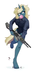 Size: 1098x2262 | Tagged: safe, artist:redxbacon, derpibooru import, oc, oc:maple parapet, unofficial characters only, anthro, plantigrade anthro, unicorn, bubblegum, female, food, gum, gun, horn, image, png, rifle, running, simple background, solo, two toned mane, weapon, white background