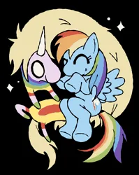 Size: 4711x5920 | Tagged: safe, artist:iluvrabbitz, derpibooru import, rainbow dash, pegasus, pony, g4, adventure time, black background, crossover, duo, duo female, eyes closed, female, horn, image, lady rainicorn, mare, png, rainicorn, simple background, sparkles, spread wings, tail, wings