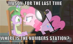 Size: 500x303 | Tagged: safe, derpibooru import, edit, edited screencap, screencap, pinkie pie, spike, dragon, earth pony, g4, party of one, call of duty, call of duty: black ops, image, interrogation, jpeg, meme, my little pony