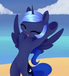 Size: 1806x1996 | Tagged: safe, artist:dusthiel, derpibooru import, princess luna, g4, beach, belly, bipedal, blushing, chest fluff, cloud, female, horn, image, ocean, open mouth, open smile, outdoors, png, sky, smiling, solo, spread wings, underhoof, water, wings