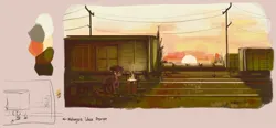 Size: 1199x557 | Tagged: safe, artist:plunger, oc, unofficial characters only, earth pony, pony, barrel, clothes, female, fire, image, jpeg, mare, palette, power line, scenery, solo, sunset, train