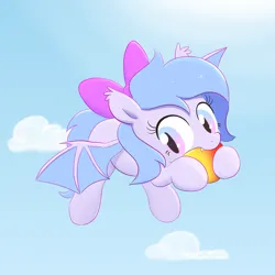 Size: 3000x3000 | Tagged: safe, artist:algoatall, ponerpics import, oc, oc:lucky roll, bat pony, pony, bat pony oc, bat wings, biting, bow, cloud, cute, female, filly, flying, food, image, mango, png, sky, solo, wings, younger