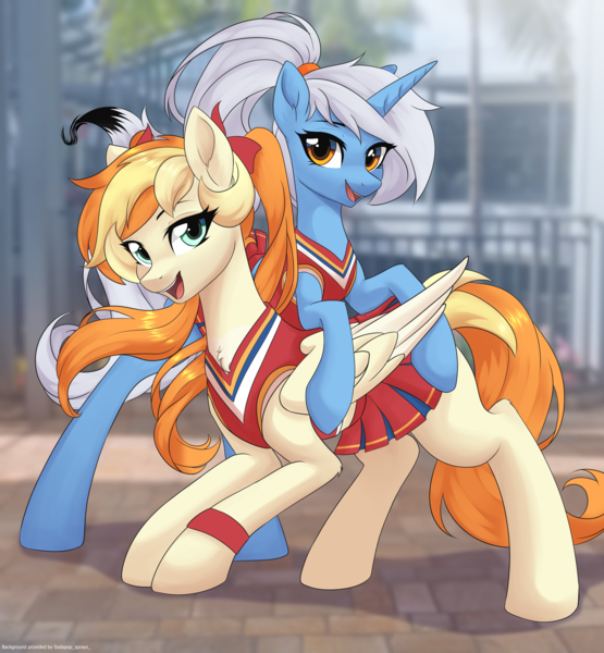 Size: 2492x2696 | Tagged: safe, artist:sierraex, artist:sodapop sprays, derpibooru import, oc, oc:storyteller, unofficial characters only, pegasus, pony, unicorn, cheerleader, cheerleader outfit, chest fluff, clothes, duo, female, horn, image, mare, open mouth, pegasus oc, png, unicorn oc, wings