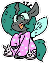 Size: 565x719 | Tagged: safe, artist:zutcha, derpibooru import, queen chrysalis, changeling, changeling queen, g4, bunny slippers, clothes, cute, cutealis, female, freckles, heart print, image, open mouth, open smile, outline, pajamas, png, raised hoof, simple background, slippers, smiling, solo, transparent background, white outline