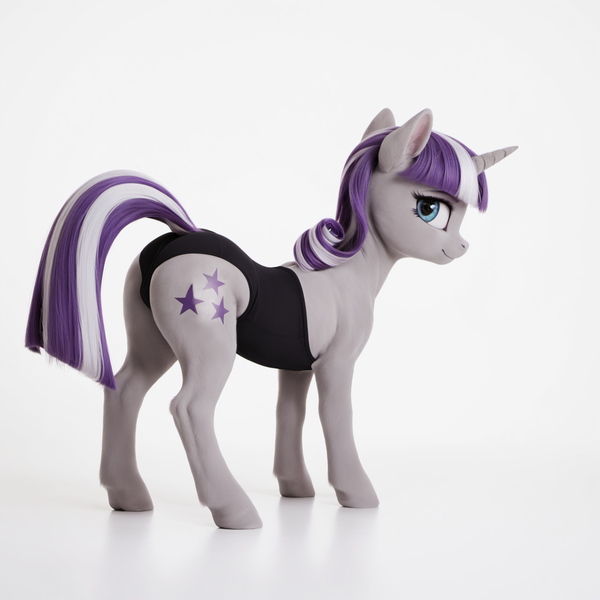 Size: 1536x1536 | Tagged: suggestive, ai content, machine learning generated, twilight velvet, pony, unicorn, g4, clothes, detailed, detailed hair, female, horn, image, leotard, looking at you, looking back, photorealistic, png, presenting, raised tail, simple background, solo, solo female, standing, tail, white background