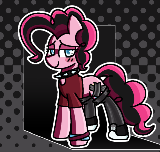 Size: 5168x4904 | Tagged: safe, artist:starbounce, derpibooru import, pinkie pie, pony, g4, abstract background, alternate hairstyle, blushing, bracelet, cel shading, clothes, collar, converse, covered cutie mark, cutie mark tape, duct tape, female, goth, halftone, image, jewelry, latex, latex socks, looking at you, mare, outline, png, shading, shirt, shoes, short shirt, sneakers, socks, solo, spiked collar, tape