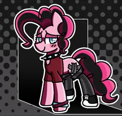 Size: 5168x4904 | Tagged: safe, artist:starbounce, derpibooru import, pinkie pie, pony, g4, abstract background, alternate hairstyle, blushing, bracelet, cel shading, clothes, collar, converse, covered cutie mark, cutie mark tape, duct tape, female, halftone, image, jewelry, latex, latex socks, looking at you, mare, outline, png, shading, shirt, shoes, short shirt, sneakers, socks, solo, spiked collar, tape