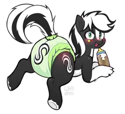 Size: 2350x2150 | Tagged: suggestive, alternate version, artist:whyomnichan, derpibooru import, oc, oc:zenawa skunkpony, unofficial characters only, earth pony, hybrid, pony, skunk, skunk pony, abdl, adult foal, baby bottle, blushing, bottle, butt, butt blush, chocolate, chocolate milk, claws, commission, cutie mark, cutie mark diapers, diaper, diaper butt, diaper fetish, diapered, drink, drinking, earth pony oc, fangs, fetish, food, frog (hoof), high res, hooves, hybrid oc, image, looking at you, looking back, looking back at you, lying down, male, milk, open mouth, paws, png, prone, raised tail, simple background, smiley face, smiling, smiling at you, solo, solo male, sploot, spread legs, spreading, stallion, sticker, tail, underhoof, unshorn fetlocks, white background, ych result