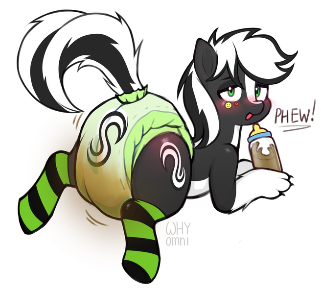 Size: 2350x2150 | Tagged: questionable, alternate version, artist:whyomnichan, derpibooru import, oc, oc:zenawa skunkpony, unofficial characters only, earth pony, hybrid, pony, skunk, skunk pony, abdl, adult foal, baby bottle, blushing, bottle, butt, butt blush, chocolate, chocolate milk, claws, clothes, commission, cutie mark, cutie mark diapers, diaper, diaper bulge, diaper butt, diaper fetish, diapered, drink, drinking, earth pony oc, fetish, food, high res, hybrid oc, image, lidded eyes, looking at you, looking back, looking back at you, lying down, male, messing, messy, messy diaper, milk, open mouth, paws, phew, png, poop, pooping, poopy diaper, prone, raised tail, relief, relieved, scat, sigh, simple background, smiley face, smiling, smiling at you, socks, solo, solo male, sploot, spread legs, spreading, stallion, sticker, striped socks, tail, thigh highs, used diaper, using diaper, white background, ych result