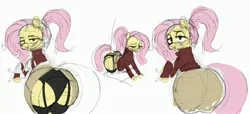 Size: 4096x1864 | Tagged: suggestive, artist:_ton618_, derpibooru import, fluttershy, pegasus, pony, g4, alternate hairstyle, bedroom eyes, black underwear, butt, clothes, female, flutterbutt, garter straps, glasses, huge butt, image, jpeg, large butt, looking at you, looking back, looking back at you, mare, milf, older, older fluttershy, plot, ponytail, simple background, sketch, skirt, socks, solo, solo female, stockings, sweater, thigh highs, turtleneck, underwear, white background