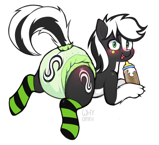 Size: 2350x2150 | Tagged: suggestive, artist:whyomnichan, derpibooru import, oc, oc:zenawa skunkpony, unofficial characters only, earth pony, hybrid, pony, skunk, skunk pony, abdl, adult foal, baby bottle, blushing, bottle, butt, butt blush, chocolate, chocolate milk, claws, clothes, commission, cutie mark, cutie mark diapers, diaper, diaper butt, diaper fetish, diapered, drink, drinking, earth pony oc, fetish, food, high res, hybrid oc, image, looking at you, looking back, looking back at you, lying down, male, milk, open mouth, paws, png, prone, raised tail, simple background, smiley face, smiling, smiling at you, socks, solo, solo male, sploot, spread legs, spreading, stallion, sticker, striped socks, tail, thigh highs, white background, ych result