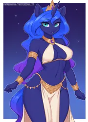 Size: 1155x1600 | Tagged: suggestive, artist:twistedscarlett60, derpibooru import, princess luna, alicorn, anthro, pony, g4, belly, belly button, bottomless, breasts, clothes, crown, ethereal hair, ethereal mane, ethereal tail, female, horn, image, jewelry, looking at you, mare, no panties, partial nudity, png, regalia, smiling, tail