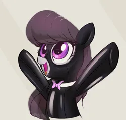 Size: 1280x1220 | Tagged: safe, artist:vultraz, edit, editor:anonymous, octavia melody, earth pony, pony, /mlp/ latex requests, beige background, female, gimp suit, image, latex, latex suit, mare, png, rainbowshining, seams, simple background, smiling, snowpity