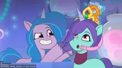 Size: 1920x1080 | Tagged: safe, derpibooru import, screencap, izzy moonbow, onyx, pony, unicorn, g5, my little pony: tell your tale, leak, :o, clothes, crazy straw, diadem, duo, duo female, female, horn, image, jewelry, jpeg, mare, missing accessory, open mouth, rainbows rollercoasters and the hopalottas, regalia, scarf