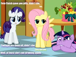 Size: 686x514 | Tagged: safe, derpibooru import, edit, edited screencap, screencap, fluttershy, rarity, twilight sparkle, pegasus, unicorn, g4, drugs, female, females only, horn, image, implied photo finish, misspelling, png