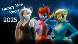 Size: 1920x1080 | Tagged: suggestive, artist:dangerousdpad, ponerpics import, oc, oc:green screen, anthro, 2025, 3d, breasts, cleavage, clothes, dress, female, image, jpeg, new year, trio, trio female