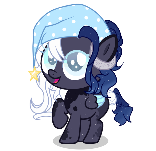 Size: 2274x2193 | Tagged: safe, artist:be_yourself, artist:cosmosloghy, derpibooru import, oc, oc:moony nightly, ponified, unofficial characters only, pegasus, pony, baby, baby pony, blind, colored eyelashes, colored wings, cute, female, gradient mane, gradient tail, hat, high res, horns, image, looking up, nightcap, open mouth, open smile, pegasus oc, planet ponies, png, raised hoof, simple background, smiling, solo, solo female, space ponies, tail, transparent background, wings