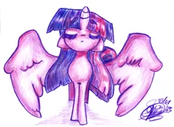 Size: 8484x6192 | Tagged: safe, artist:mannybcadavera, derpibooru import, twilight sparkle, twilight sparkle (alicorn), alicorn, pony, g4, absurd file size, absurd resolution, colored pencil drawing, eyebrows, eyebrows visible through hair, eyes closed, female, floppy ears, image, large wings, mare, partially open wings, png, simple background, solo, traditional art, white background, wings