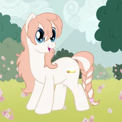 Size: 2000x2000 | Tagged: safe, artist:mariculture, ponerpics import, oc, unofficial characters only, earth pony, pony, braided tail, bush, cloud, female, flower, image, mare, open mouth, png, solo, tree