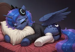 Size: 1856x1280 | Tagged: suggestive, ai content, derpibooru import, editor:inumbralunaest, princess luna, alicorn, pony, g4, ai composition, alone, bandage, bandaged leg, bed, black underwear, butt, clothes, crown, crying, cutie mark, depression, dock, emotional, eyes closed, headphones, hooves, horn, hug, image, jewelry, jpeg, lonely, lying down, makeup, mascara, moonbutt, panties, pillow, pillow hug, regalia, running makeup, sad, shirt, short hair, side, simple background, spread wings, tail, tears of pain, underwear, wings