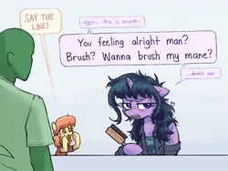 Size: 1353x1016 | Tagged: safe, artist:plunger, oc, oc:anon, earth pony, human, pony, unicorn, boobs? wanna touch boobs?, brush, dialogue, female, hairbrush, image, jpeg, male, mare, meme, speech bubble, this will end in pain