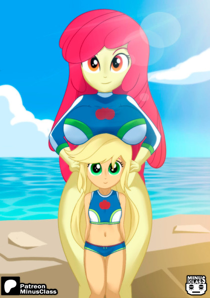 Size: 919x1300 | Tagged: suggestive, alternate version, artist:minusclass, derpibooru import, part of a set, apple bloom, applejack, human, equestria girls, g4, 2d, age difference, age swap, alternate character, applejack's beach shorts swimsuit, beach, belly, belly button, boobhat, breasts, busty apple bloom, clothes, cloud, cutie mark, cutie mark on clothes, female, hand on hip, height difference, image, jpeg, looking at you, ocean, older, older apple bloom, older female, outdoors, patreon, patreon logo, role reversal, sand, siblings, sisters, sky, sleeveless, smiling, smiling at you, sun, swimsuit, water, wide hips, younger, younger applejack, younger female