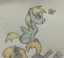 Size: 2893x2624 | Tagged: safe, artist:lewdyloops, derpibooru import, derpy hooves, butterfly, insect, pegasus, pony, g4, chest fluff, cute, cutie mark, ear fluff, image, jpeg, pencil drawing, simple background, sitting, traditional art, white background, wings