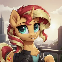 Size: 3072x3072 | Tagged: safe, ai content, machine learning generated, prompter:thelight3d, stable diffusion, sunset shimmer, pony, g4, big eyes, chest fluff, city, clothes, ear fluff, female, fluffy, image, jacket, jpeg, solo, solo female, tail