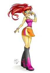 Size: 1552x2264 | Tagged: safe, artist:ponut_joe, derpibooru import, sunset shimmer, equestria girls, g4, alternate hairstyle, belly, belly button, boots, bracelet, clothes, cute, female, glasses, image, jewelry, midriff, png, shimmerbetes, shirt, shoes, simple background, skirt, sleeveless, solo, tanktop, white background