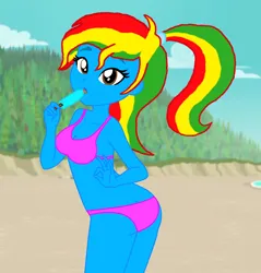 Size: 1242x1300 | Tagged: safe, artist:shieldwingarmorofgod, artist:yaya54320bases, derpibooru import, oc, oc:royal strength, unofficial characters only, equestria girls, g4, beach, belly, belly button, bikini, blue skin, clothes, female, ice lolly, image, midriff, png, ponytail, solo, swimsuit